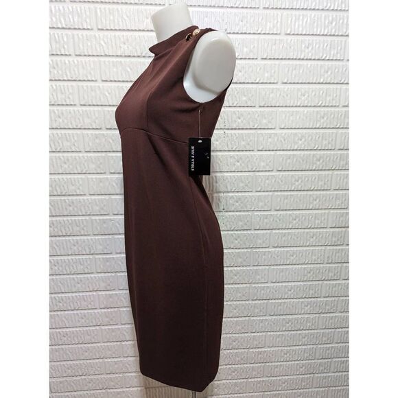Stella & Julie Women's Brown Gold Button Shoulder Sleeveless Sheath Dress 4 NWT - Picture 5 of 6